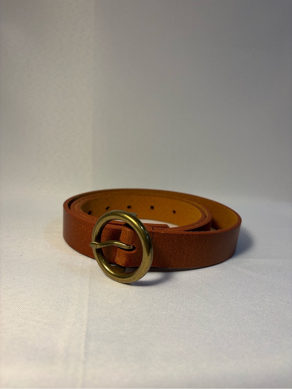 Women's Tan Leather Belt with Antique Gold Round Buckle